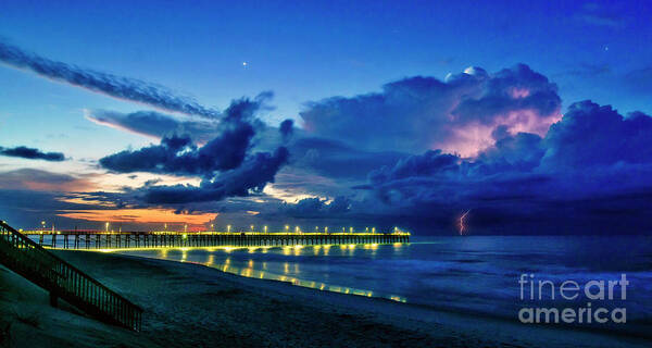 Surf City Art Print featuring the photograph Sunrise Lightning by DJA Images