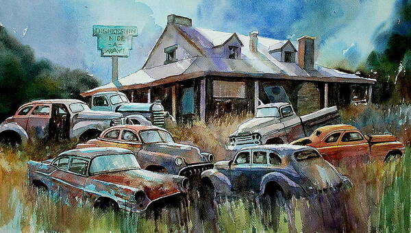 Cars House Rust Art Print featuring the painting The Hideaway of Miss Dish Kreshin by Ron Morrison