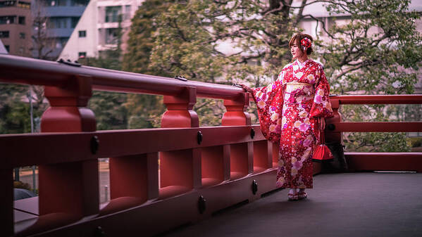 Buddhist Art Print featuring the photograph The Kimono Girl - Tokyo, Japan - Color street photography by Giuseppe Milo