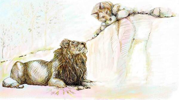 Lion Art Print featuring the painting The Lion and The Fox 1 - The First Meeting by Sukalya Chearanantana