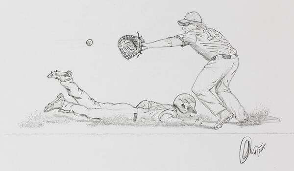 Baseball Art Print featuring the drawing The Pick Off by Chris Thomas