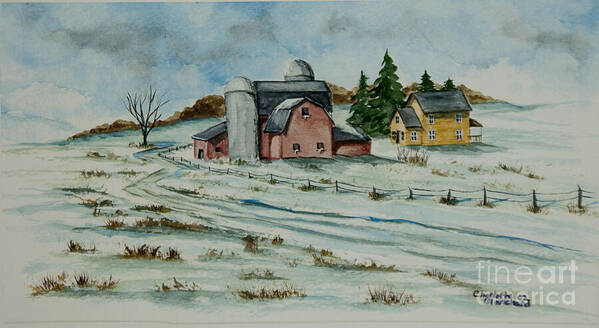 Winter Scene Paintings Art Print featuring the painting Winter Down On The Farm by Charlotte Blanchard