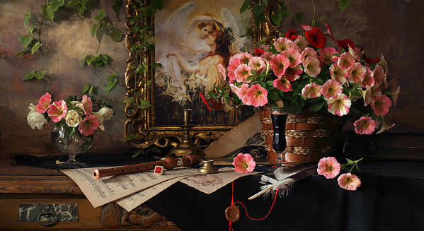 Flowers Art Print featuring the photograph Still Life With Flowers And Picture #1 by Andrey Morozov