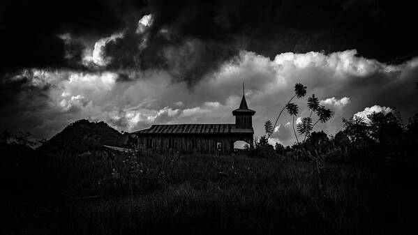 Church Art Print featuring the photograph Ancient Wooden Church With Storm Clouds by Chris Lord