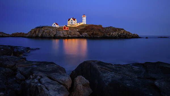 Nubble Lighthouse Art Print featuring the photograph Blue Christmas, Nubble Lighthouse by Michael Hubley