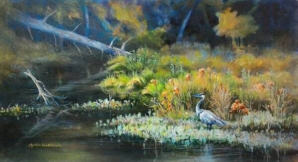 Blue Heron Art Print featuring the painting Blue Heron, Beyond the Bridge by Cynthia Westbrook