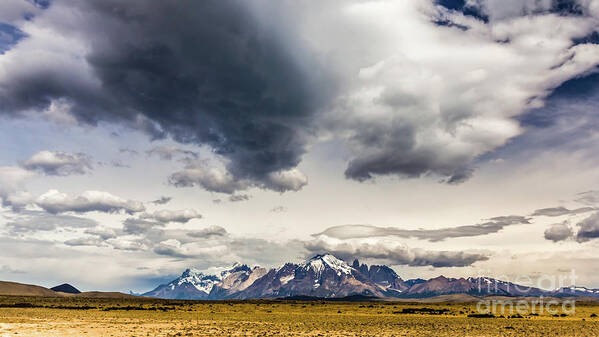 Mountain Art Print featuring the photograph Clouds over Torres del Paine National Park, Chile by Lyl Dil Creations