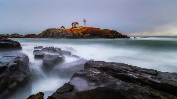 Nubble Lighthouse Art Print featuring the photograph Holiday Lights, Nubble Lighthouse York ME. by Michael Hubley