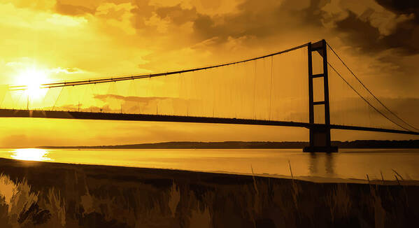 Architecture Art Print featuring the photograph Humber Bridge Golden Sky by Scott Lyons