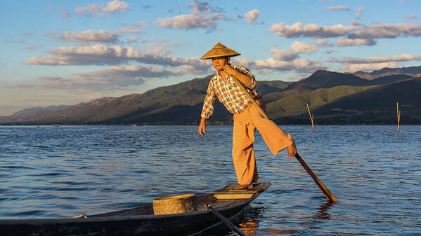 Fisherman Art Print featuring the photograph Intha fisherman on Lake Inle in Myanmar by Ann Moore
