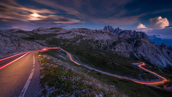 Night Art Print featuring the photograph Light Tracks On A Pass Road In The Dolomites by Bastian Mller