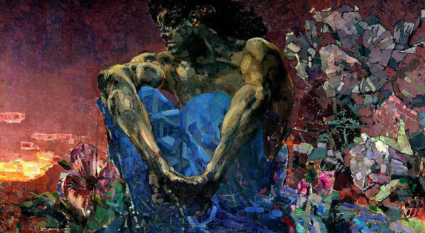 The Demon Seated Art Print featuring the painting The Demon Seated by Mikhail Vrubel