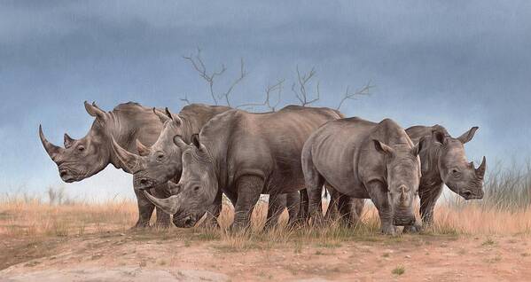 White Rhinos Art Print featuring the painting White Rhinos Panoramic by Rachel Stribbling