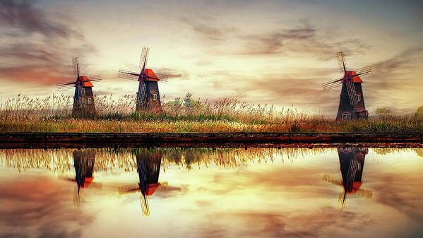 Windmill Art Print featuring the photograph Windmills On Salt Pond by Tiger Seo