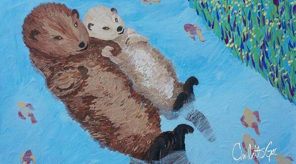 Otters Swimming Art Print featuring the painting Big Otter Little Otter #1 by Charlotte Gac