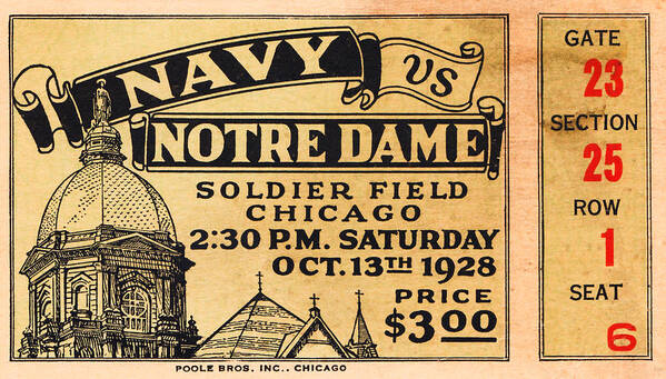 1928 Art Print featuring the mixed media 1928 Navy vs. Notre Dame Football Ticket Art by Row One Brand
