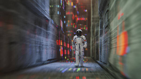 Chinese Culture Art Print featuring the photograph Chinese astronaut walking in futuristic city #2 by Gremlin