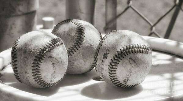 Three Baseballs Art Print featuring the photograph 3 Baseballs on a Bucket in Sepia by Leah McPhail