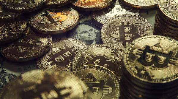 Trading Art Print featuring the photograph Physical version of Bitcoin coin aka virtual money. #4 by David Trood