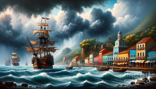 Caribbean Art Print featuring the painting A bustling port in the Caribbean, with pirate ships and colonial buildings. by Jeff Creation