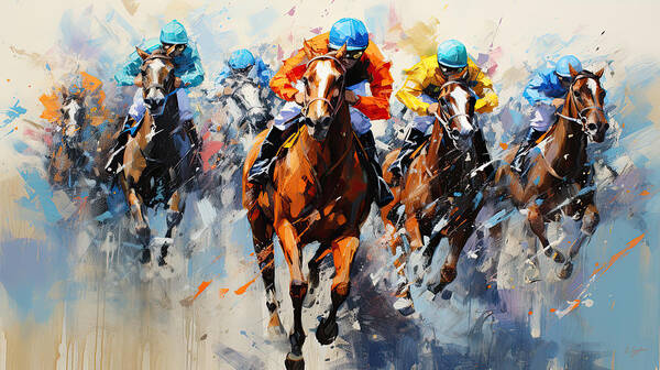 Horse Racing Art Print featuring the painting A Heart-Pounding Thrill by Lourry Legarde