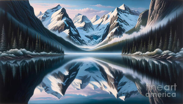 Serene Art Print featuring the painting A serene lake reflecting a perfect mirror image of the surrounding snow-capped mountains by Jeff Creation