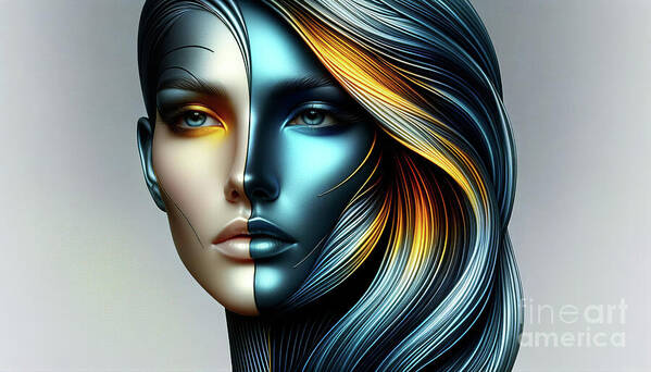 Stylized Art Print featuring the digital art A striking digital portrait of a woman with a metallic blue face and vibrant by Odon Czintos