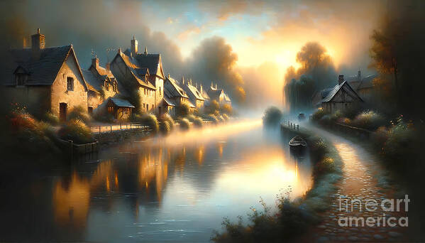 Tranquil Art Print featuring the painting A tranquil riverside village at dawn with mist rising off the water by Jeff Creation