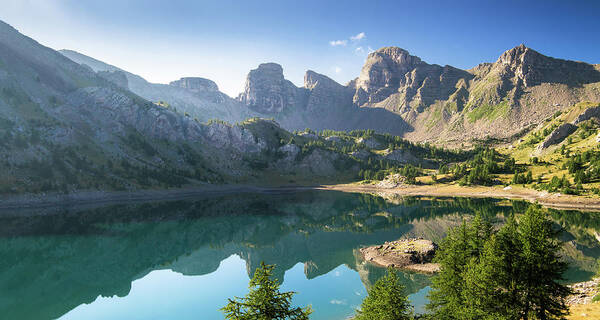 Allos Art Print featuring the photograph Allos lake, mirror effect by Jean-Luc Farges