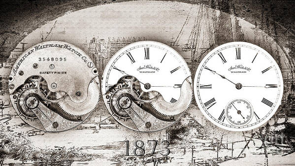Digital Art Print featuring the digital art American Watch Company Waltham Pocket Watch - Black And White by Anthony Ellis