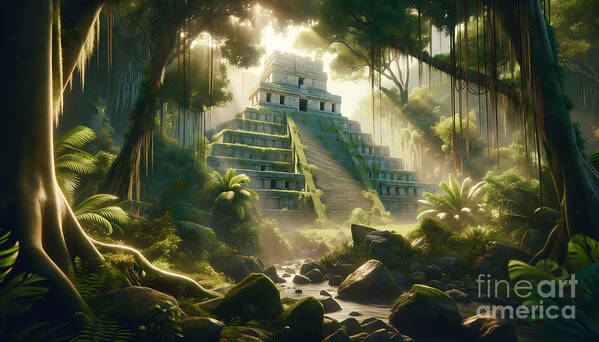 Mayan Art Print featuring the digital art Ancient Mayan Ruins, The mysterious ruins of a Mayan temple in the jungle by Jeff Creation