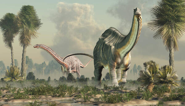 Apatosaurus Art Print featuring the digital art Apatosauruses in a Wetland by Daniel Eskridge