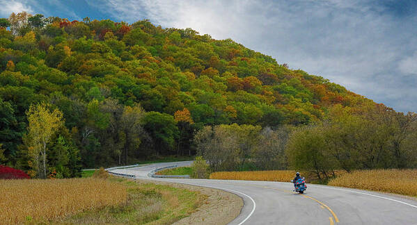 Autumn Art Print featuring the photograph Autumn Motorcycle Rider / Blue by Patti Deters