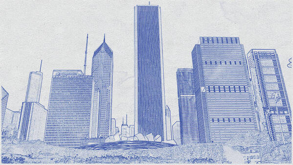 Oil On Canvas Art Print featuring the digital art Blueprint drawing of Chicago Skyline, Illinois, USA - 34 by Celestial Images