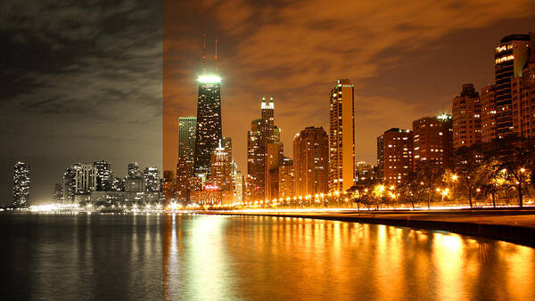 Architecture Art Print featuring the photograph Chicago Skyline Night Lights Water by Patrick Malon