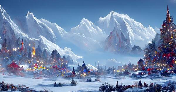 Digital Valley Peaks Snow Town Village Art Print featuring the digital art Christmas Valley by Beverly Read