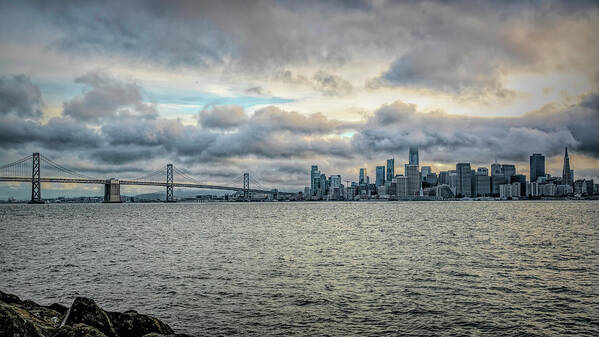 San Francisco Art Print featuring the photograph Cloudy San Francisco Skyline and Bay Bridge by Lindsay Thomson