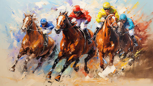 Horse Racing Art Print featuring the painting Colors of Victory - Colorful Horses Art - Kentucky Derby Art by Lourry Legarde