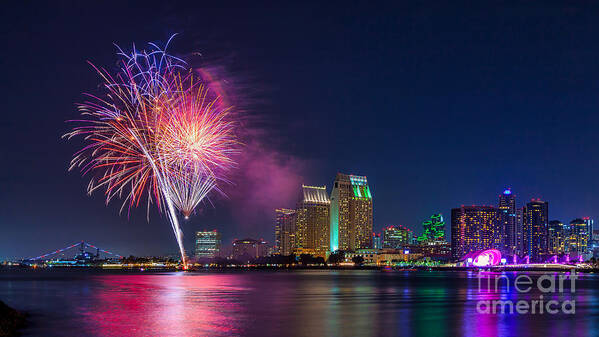 Festival Art Print featuring the photograph Fireworks over the downtown San Diego skyline by Sam Antonio