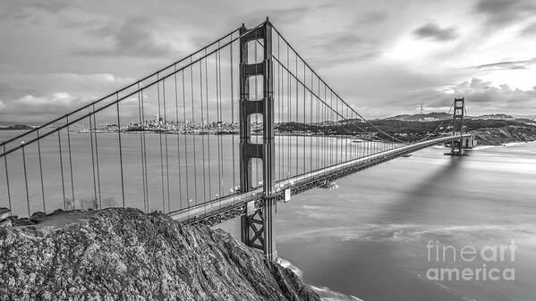 Golden Gate Bridge At Dusk Art Print featuring the photograph Golden Gate Bridge Black and White by Dustin K Ryan