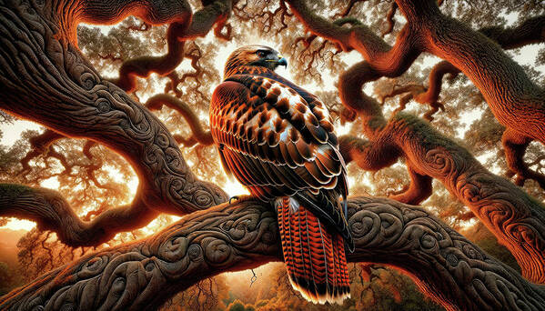 Red-tailed Hawk Art Print featuring the digital art Guardian of the Twisted Oaks by Bill And Linda Tiepelman