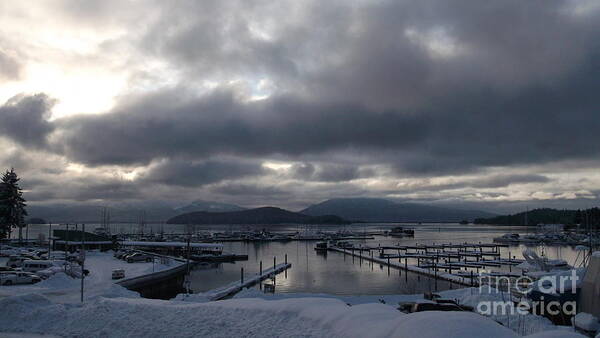 #sprucewoodstudios #alaska #ak #juneau #cruise #tours #vacation #peaceful #sealaska #southeastalaska #calm #reflection #aukebayharbor #aukebay #dock #snowy #snow #cold #ice #clouds #cloudy #postcard #evening #dusk #sunset #nightfall #winter #fritzcove Art Print featuring the photograph Harbor in Hibernation by Charles Vice