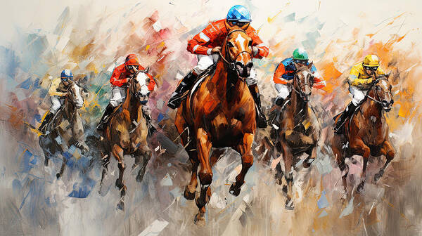 Horse Racing Art Print featuring the painting Horse Racing Colorful Abstract by Lourry Legarde