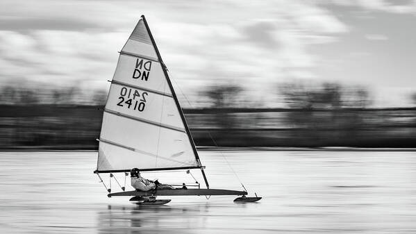Iceboat Art Print featuring the photograph Iceboat - black and white by Stephen Holst