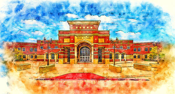 Mckinney Boyd High School Art Print featuring the digital art McKinney Boyd High School - pen and watercolor by Nicko Prints