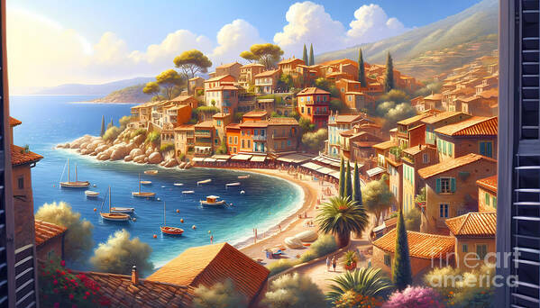 Mediterranean Art Print featuring the digital art Mediterranean Seaside Town, A charming seaside town on the Mediterranean coast by Jeff Creation