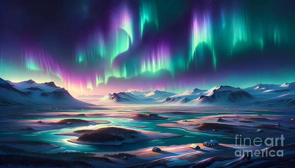 Aurora Art Print featuring the digital art Northern Lights over Iceland, The Aurora Borealis dancing over an Icelandic landscape by Jeff Creation