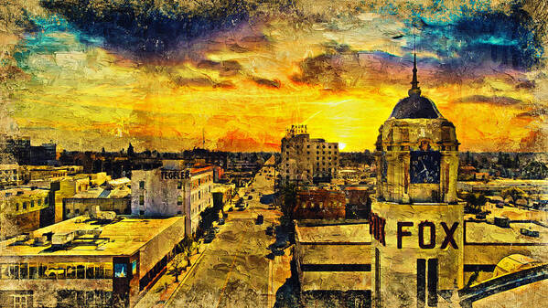 Bakersfield Art Print featuring the digital art Panorama of downtown Bakersfield, California - digital painting by Nicko Prints