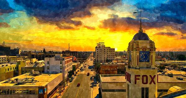 Bakersfield Art Print featuring the digital art Panorama of downtown Bakersfield, California - watercolor painting by Nicko Prints