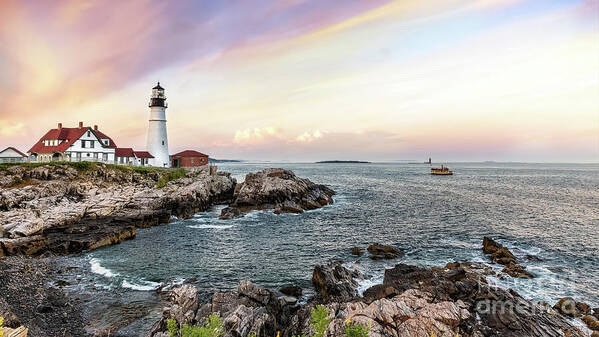 Maine Art Print featuring the photograph Panoramic view of the Portland Head Lighthouse at sunset. Cape Elizabeth, Maine, USA. by Jane Rix